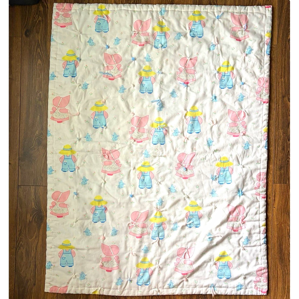 VTG Handmade Baby Blanket Bonnet Boy Girl Pastel Farm Cottage Prairie Tassel Fun